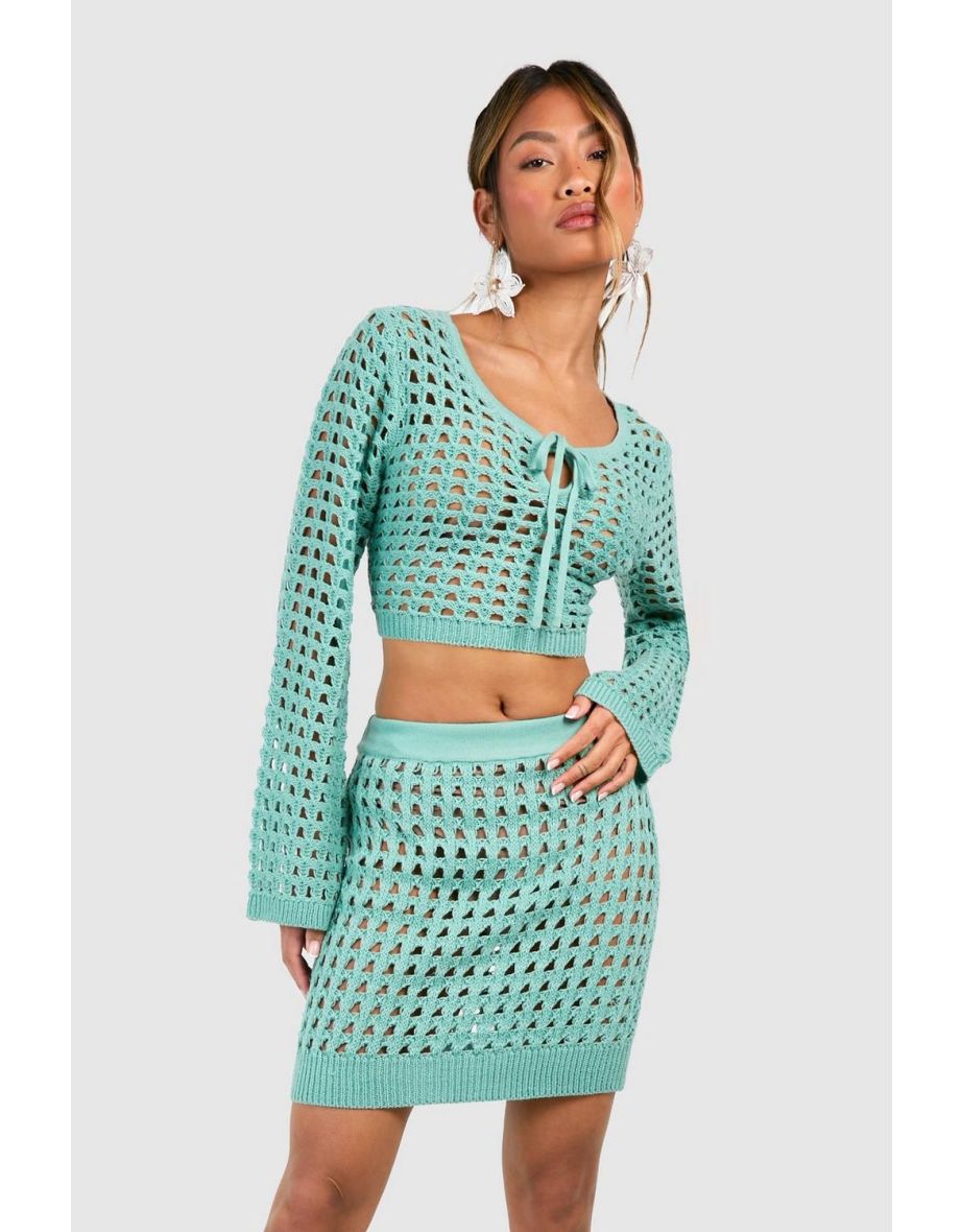 Crochet Lace Up Crop Top - turquoise