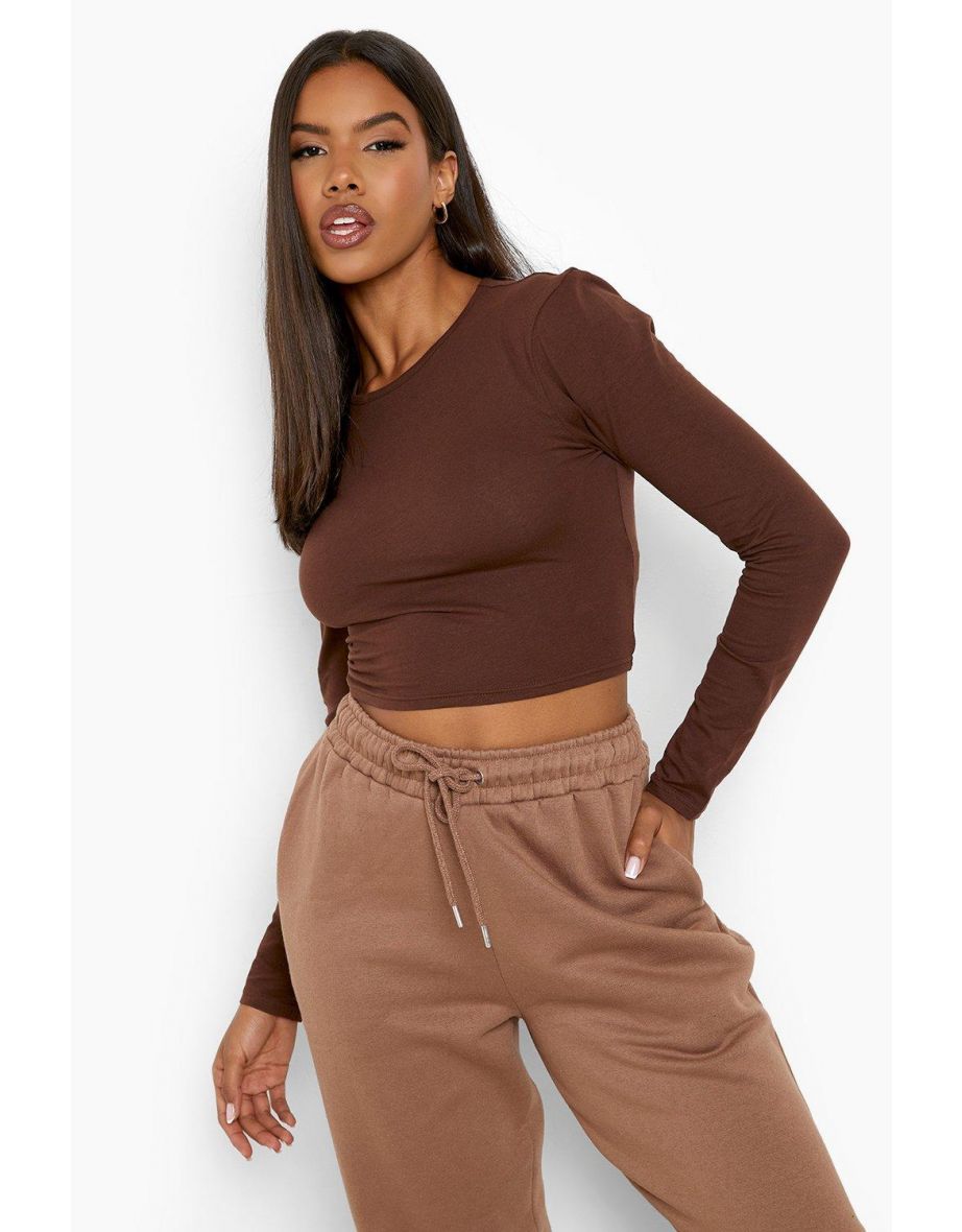 Basic Long Sleeve Crew Neck Top - chocolate - 3