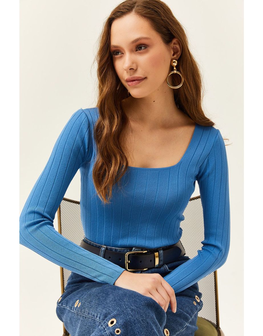 Women's Indigo Square Neck Thick Ribbed Knitwear  Top