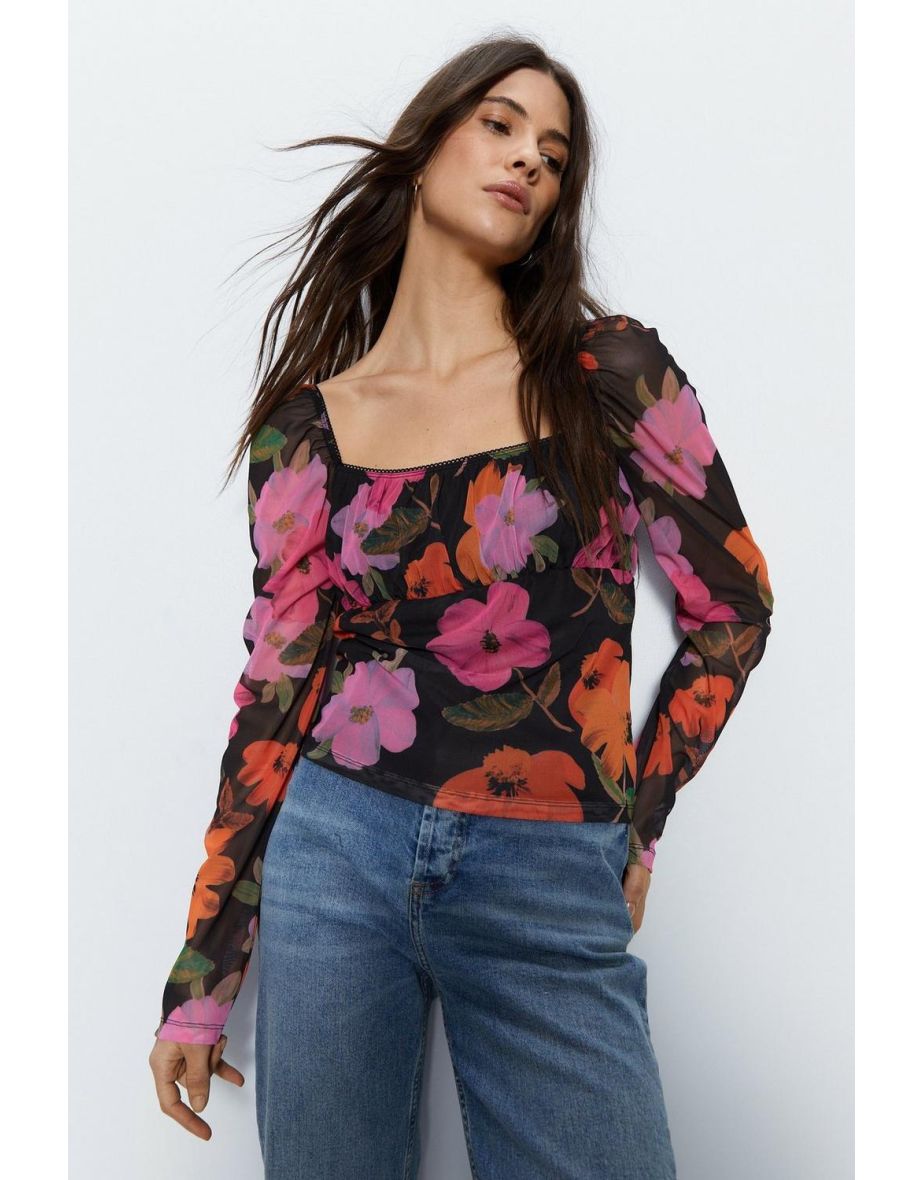 Square Neck Lace Trim Printed Mesh Top