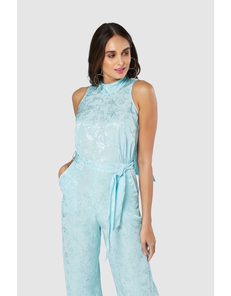 Closet London Blue Jacquard Floral Tie Neck Jumpsuit - 3