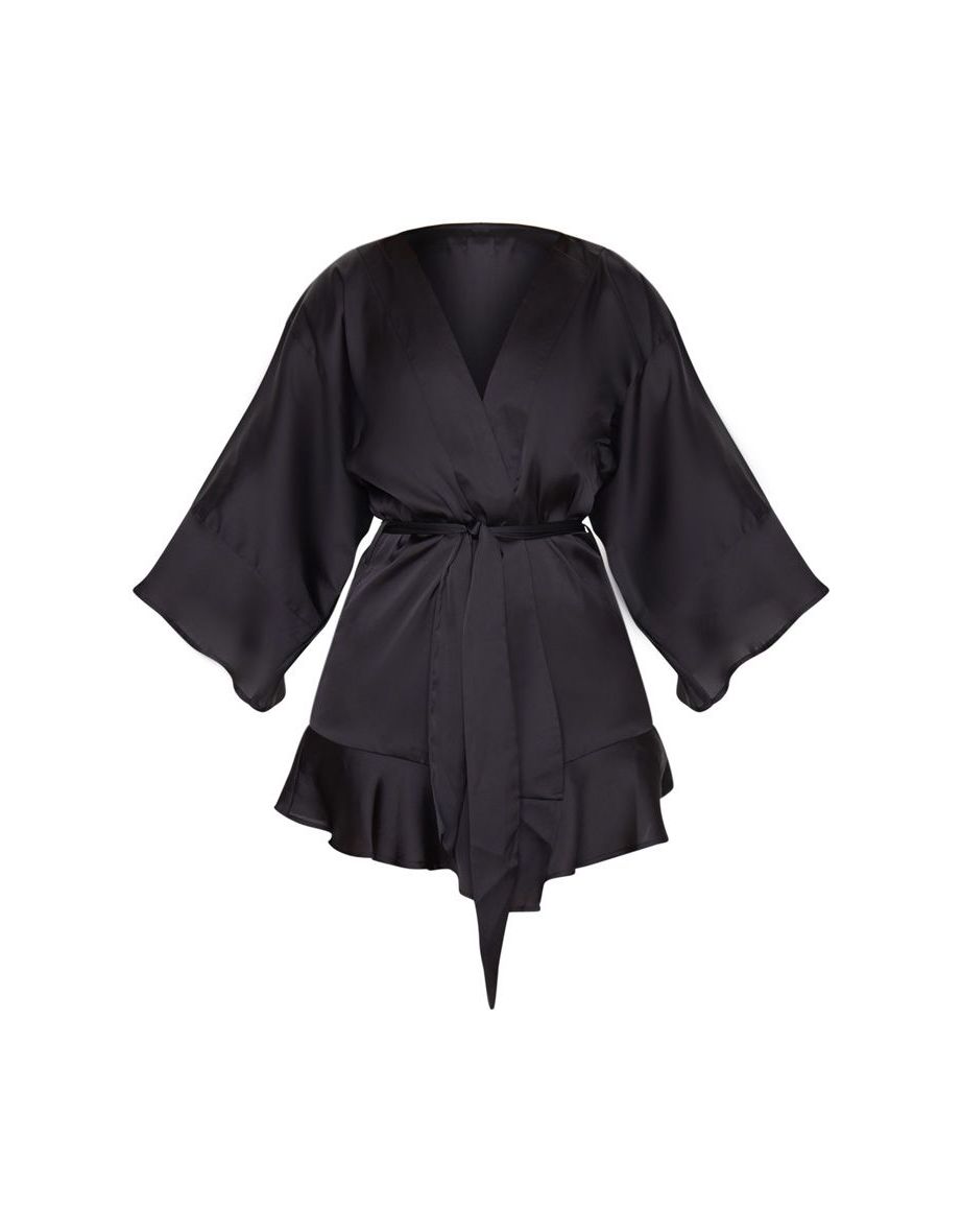 Black Frill Sleeve Satin Robe - 4