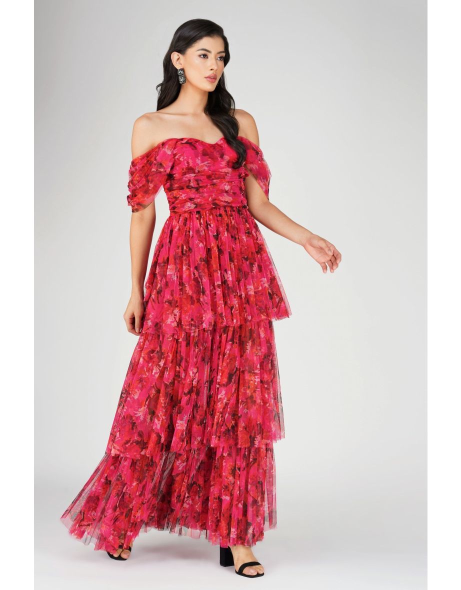 Sydney Tulle Maxi Dress in Red Pink Print - 2