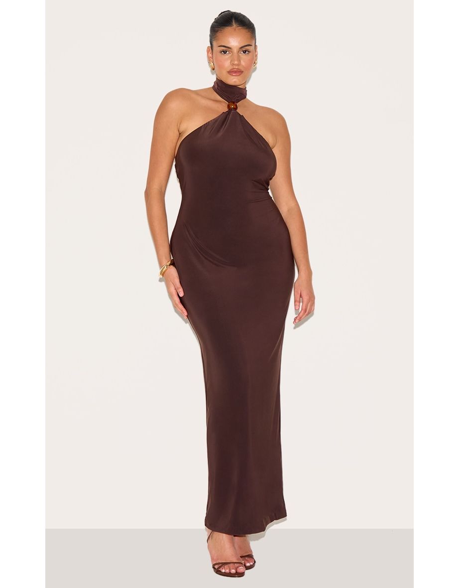 Plus Dark Chocolate Slinky Bead Detail Halter Maxi Dress