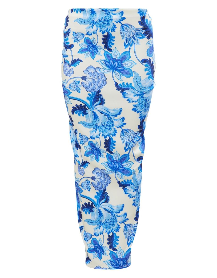 Blue Floral Print Stretch Woven Low Rise Midaxi Skirt - 4
