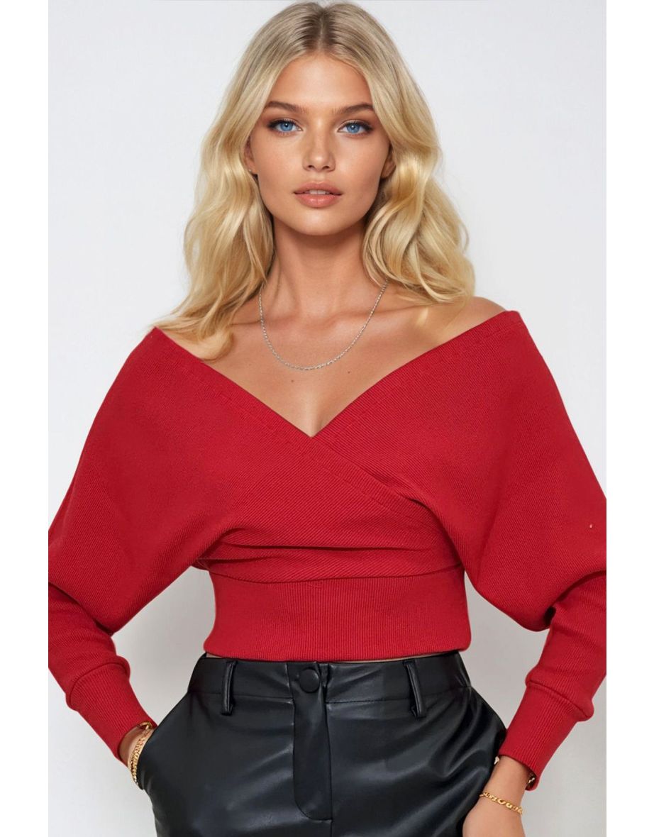 Women's Red Front Back V-Neck Double Breasted Blouse لا - 3