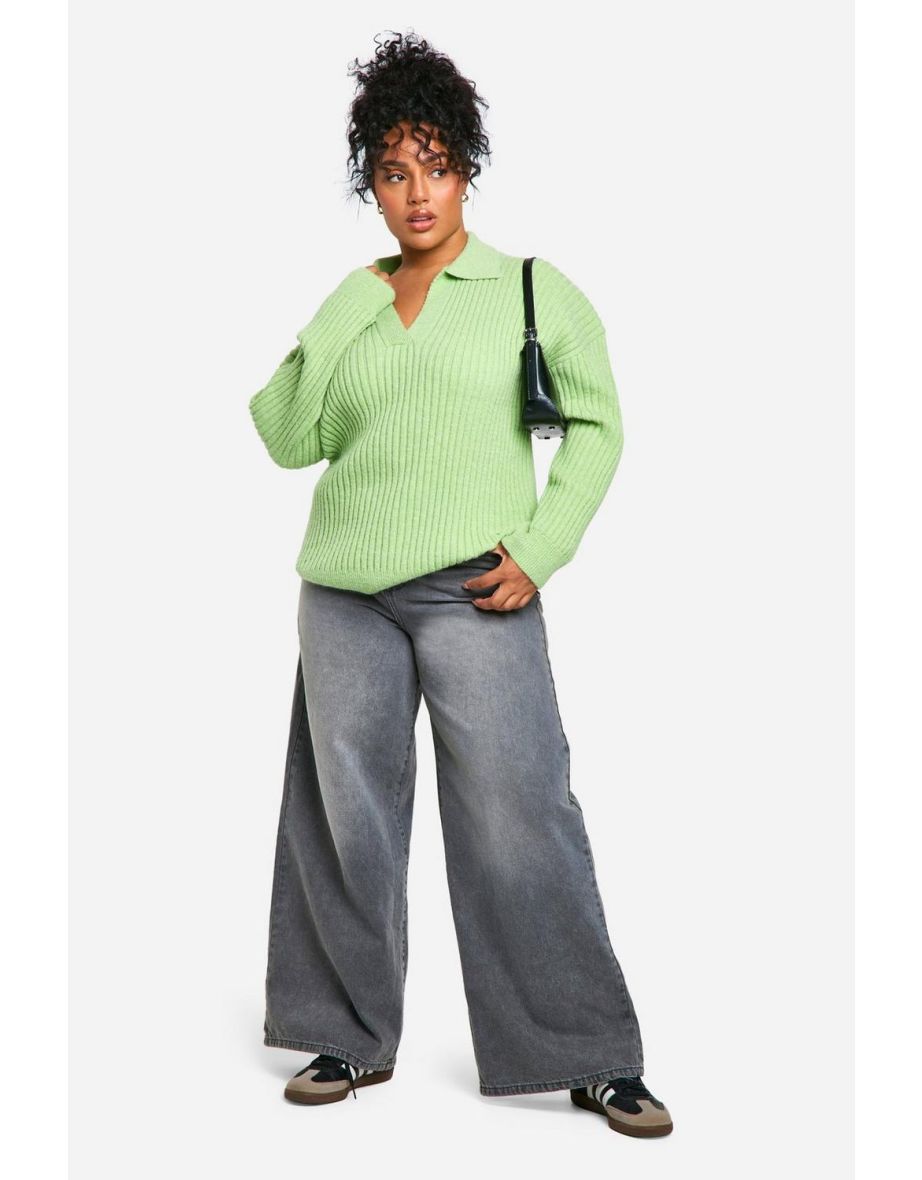 Plus Soft Wide Rib Knit Collared Jumper - green