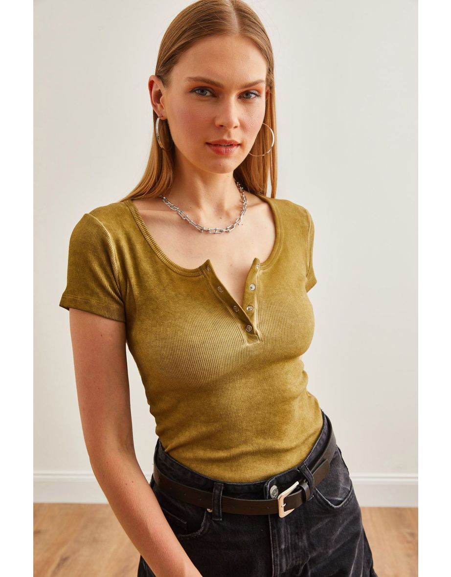 Women's Washed Oil Green Snap-On Camisole Blouse