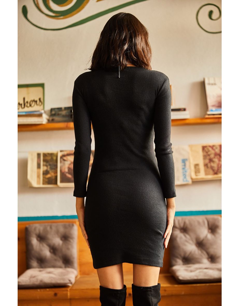 Women's Black Lycra Wide Collar Dress - 4