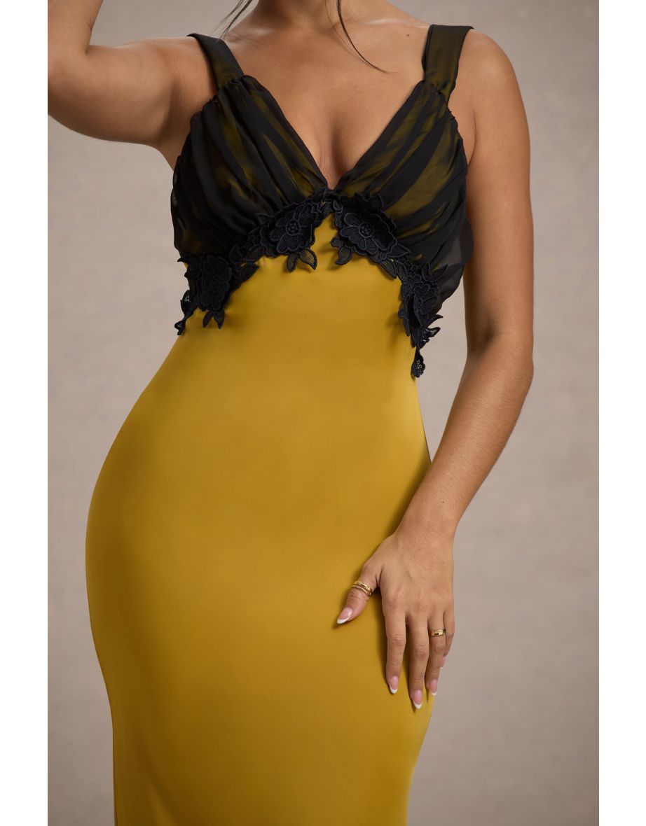 Sahara | Mustard Satin V-Neck Maxi Dress With Black Lace Trim - 6