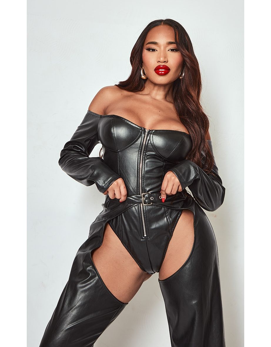 Shape Black Faux Leather Zip Front Bardot Bodysuit