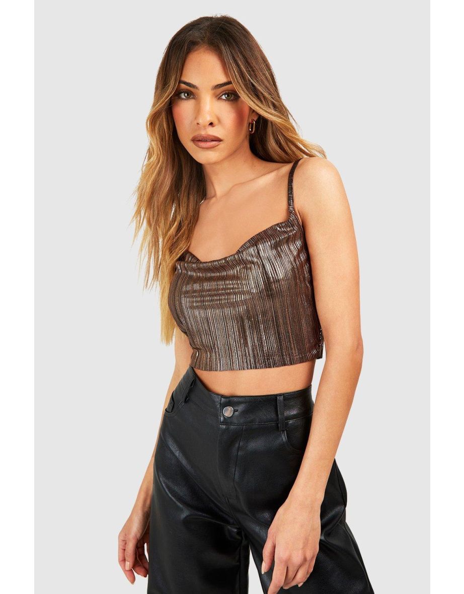 Metallic Plisse Cowl Neck Strappy Top - gold