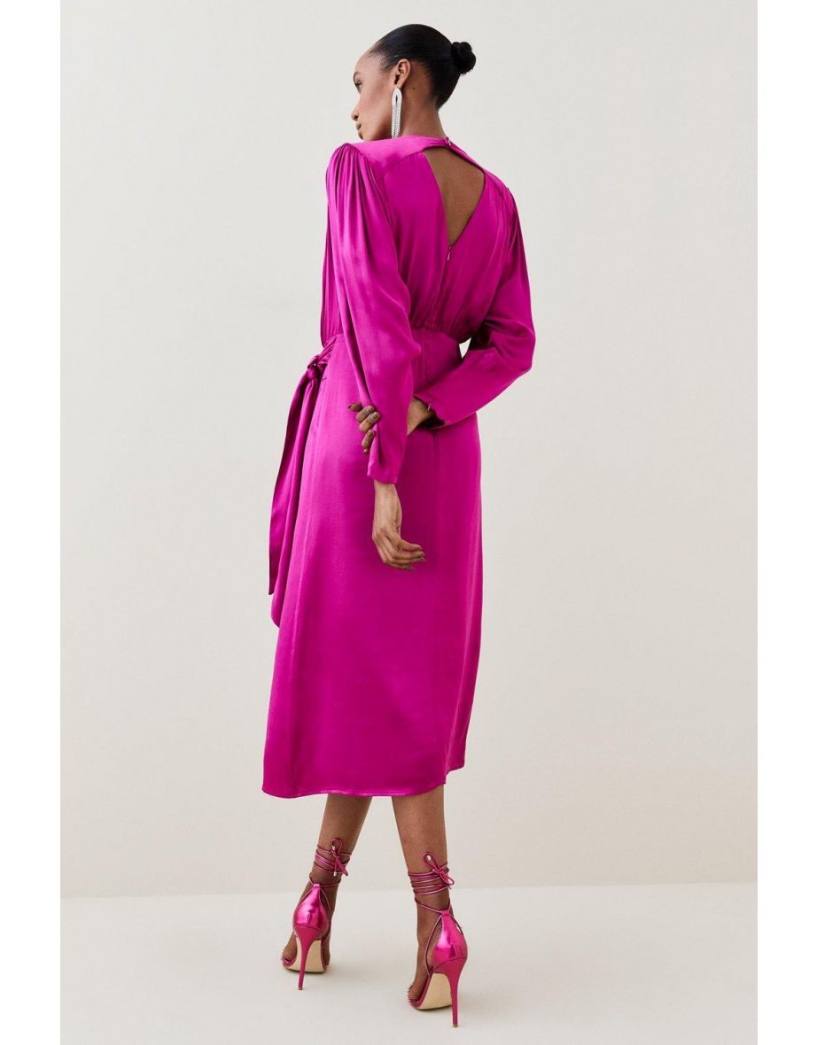 فستان ساتان ميدي بتصميم لف بأكمام باتوينغ - 2