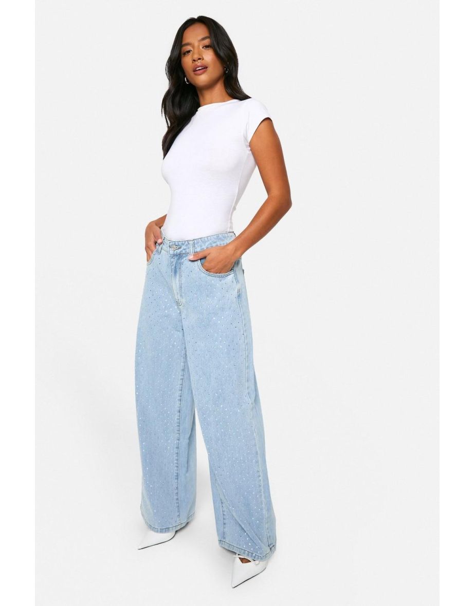 Petite Diamante Embellished Wide Leg Jean