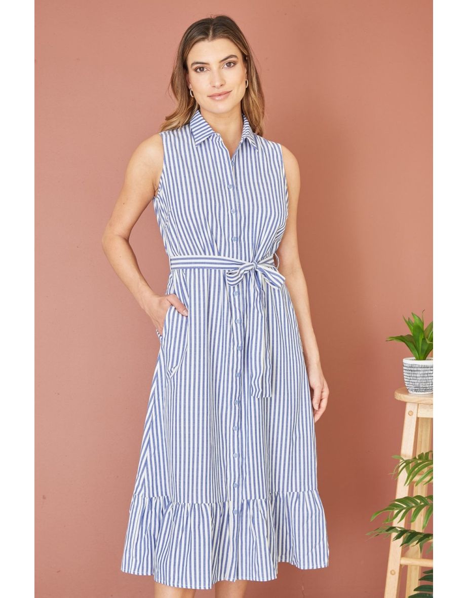 Yumi Blue Striped Sleeveless Midi Shirt Dress