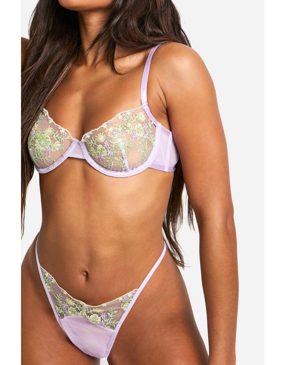 Lilac Floral Detail Thong And Balcony Bra Set - 2