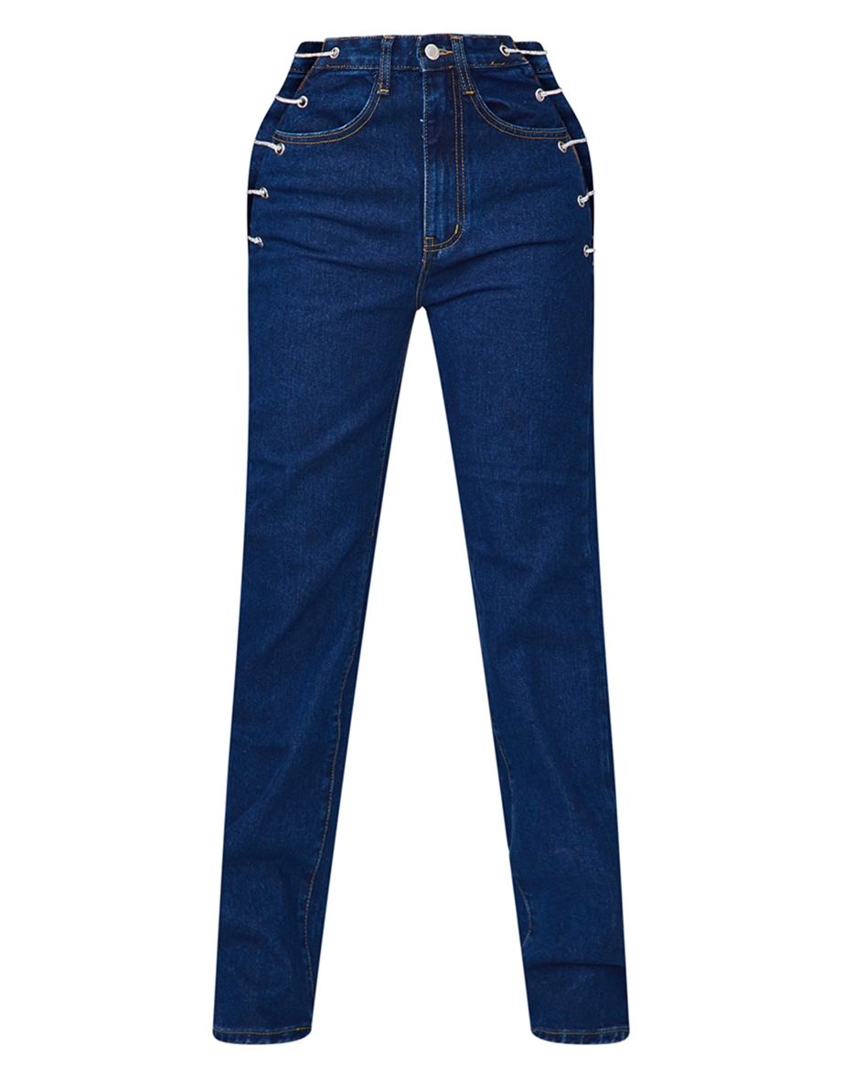 Dark Blue Wash Diamanté Lace Up Side Detail Jeans - 4
