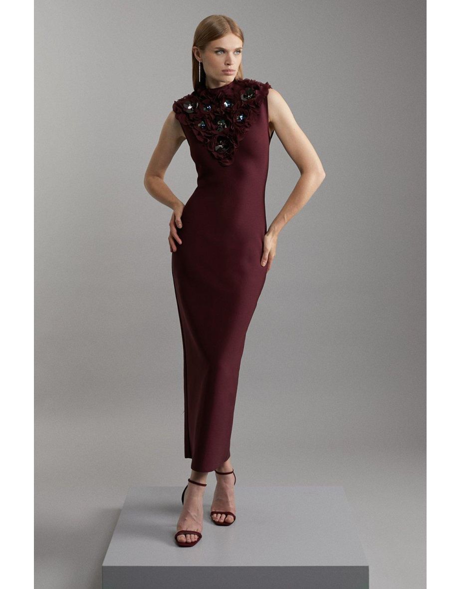 Figure Form Bandage Embellished Neck Midaxi Column Dress