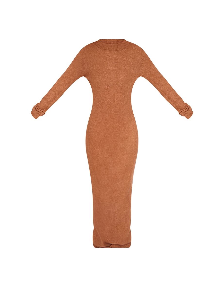 Mocha Soft Knit Open Back Long Sleeve Maxi Dress - 4