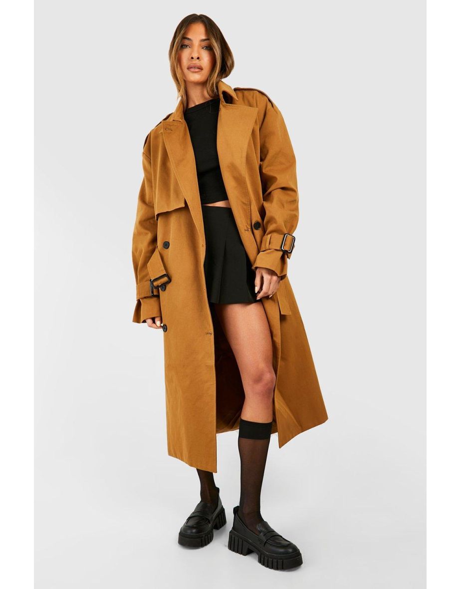 Shop Oversized Double Breast Belt Detail Trench Coat dark tan Online in Qatar VogaCloset