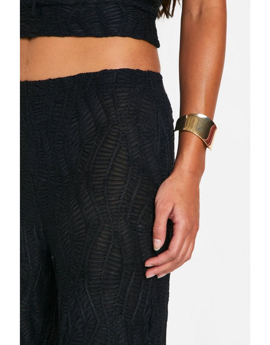Crinkle Textured Wide Leg Trousers - black - 3