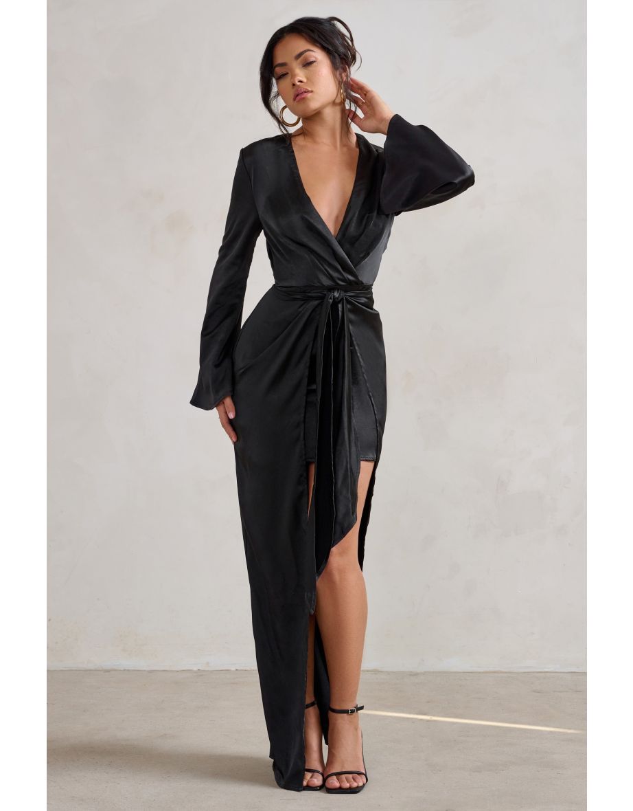 Patricia | Black Extreme Plunge Long Sleeve Maxi Dress With Tie Detail