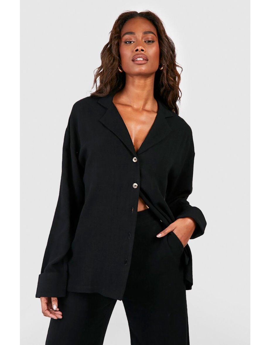 Linen Mix Relaxed Fit Long Sleeve Shirt - black