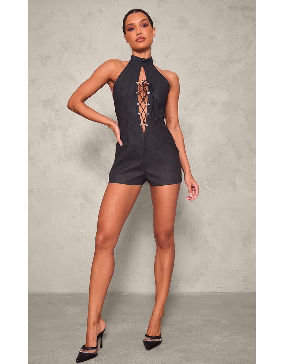 Black Faux Leather Lace Up Halterneck Playsuit