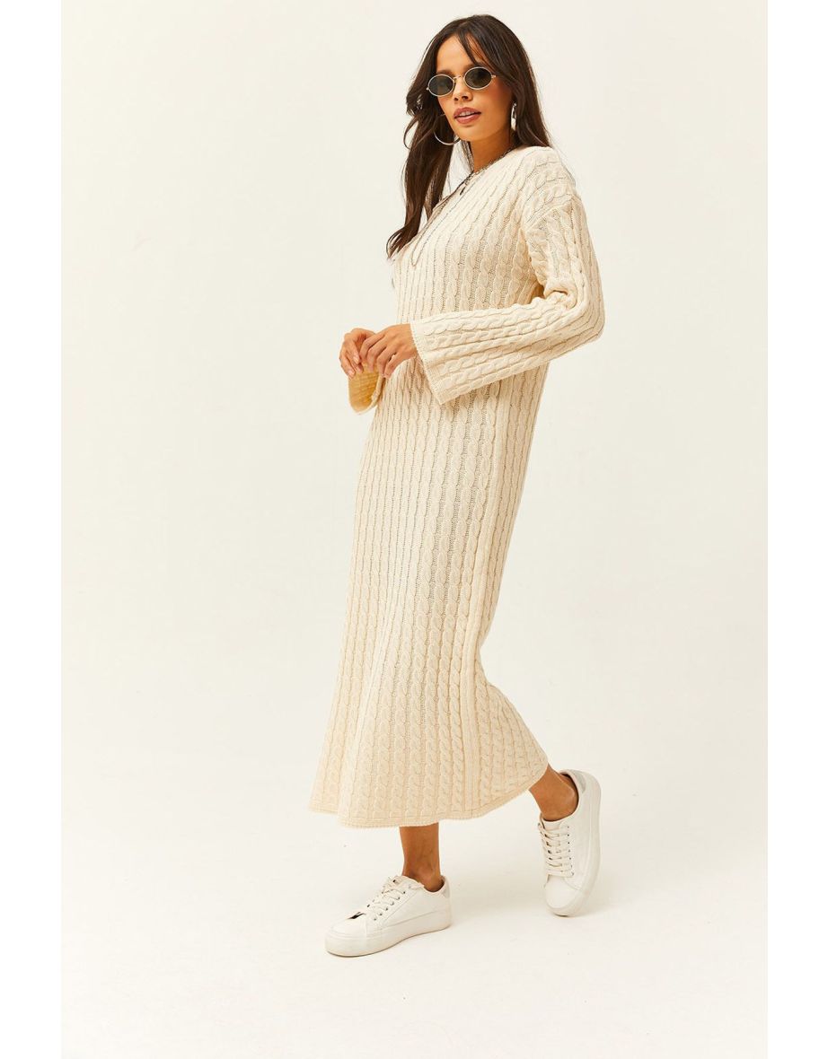 Women's Stone Hair Braided Long Knitwear Dress - 3