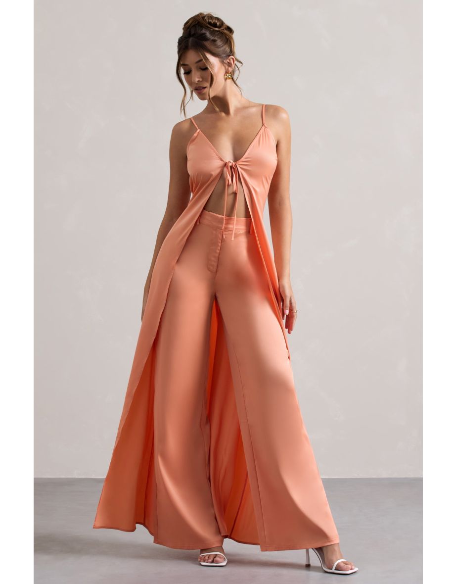 Calvi | Peach Satin Longline Cami Top With Split Front - 4