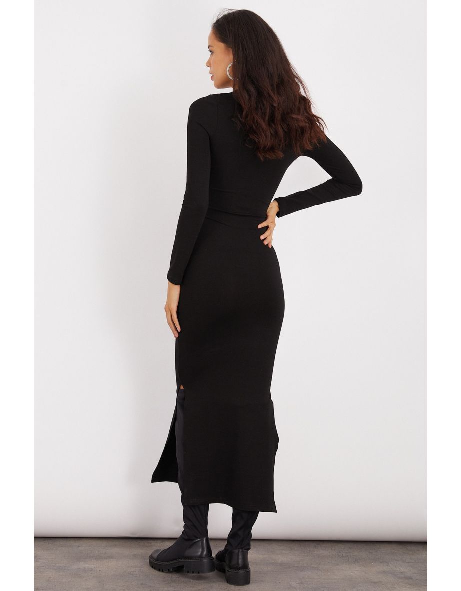 Women's Black Double Slit Midi Dress - 3