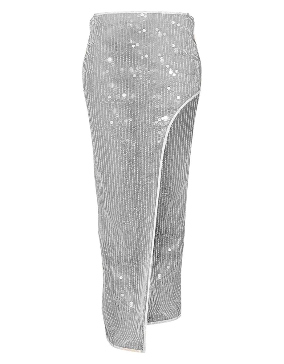 White Sheer Sequin High Thigh Split Maxi Skirt - 3