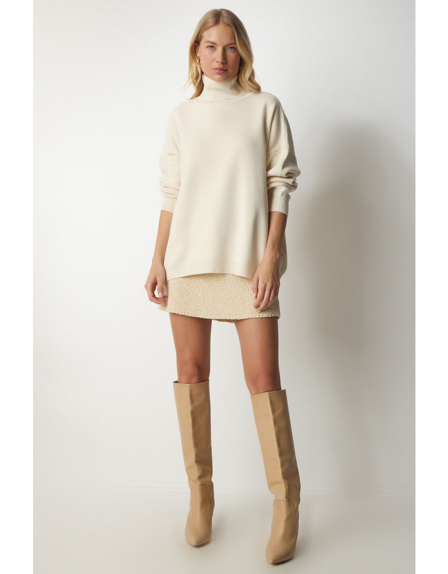 Women's Cream Turtleneck Oversized Knitwear Sweater