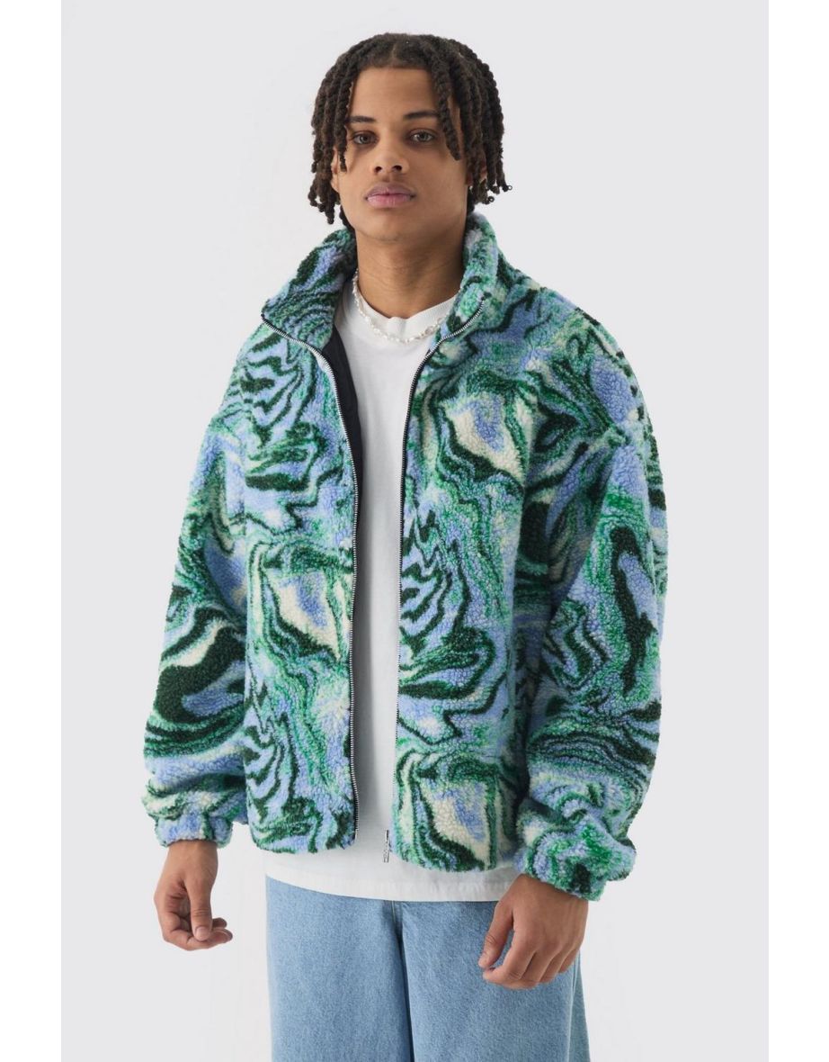 Oversized Printed Borg Fleece Jacket In Blue - blue
