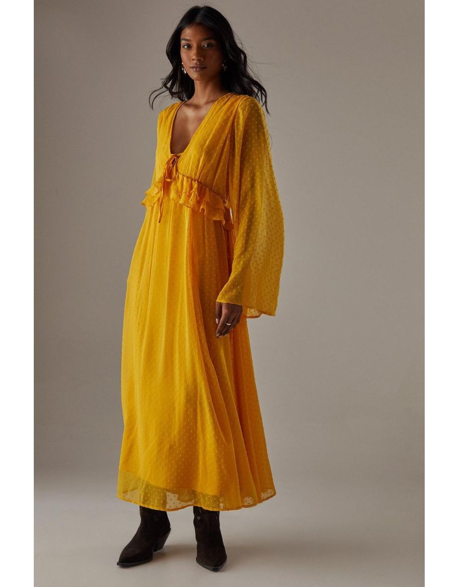 Dobby Chiffon Plunge Neck Ruffle Midi Smock Dress