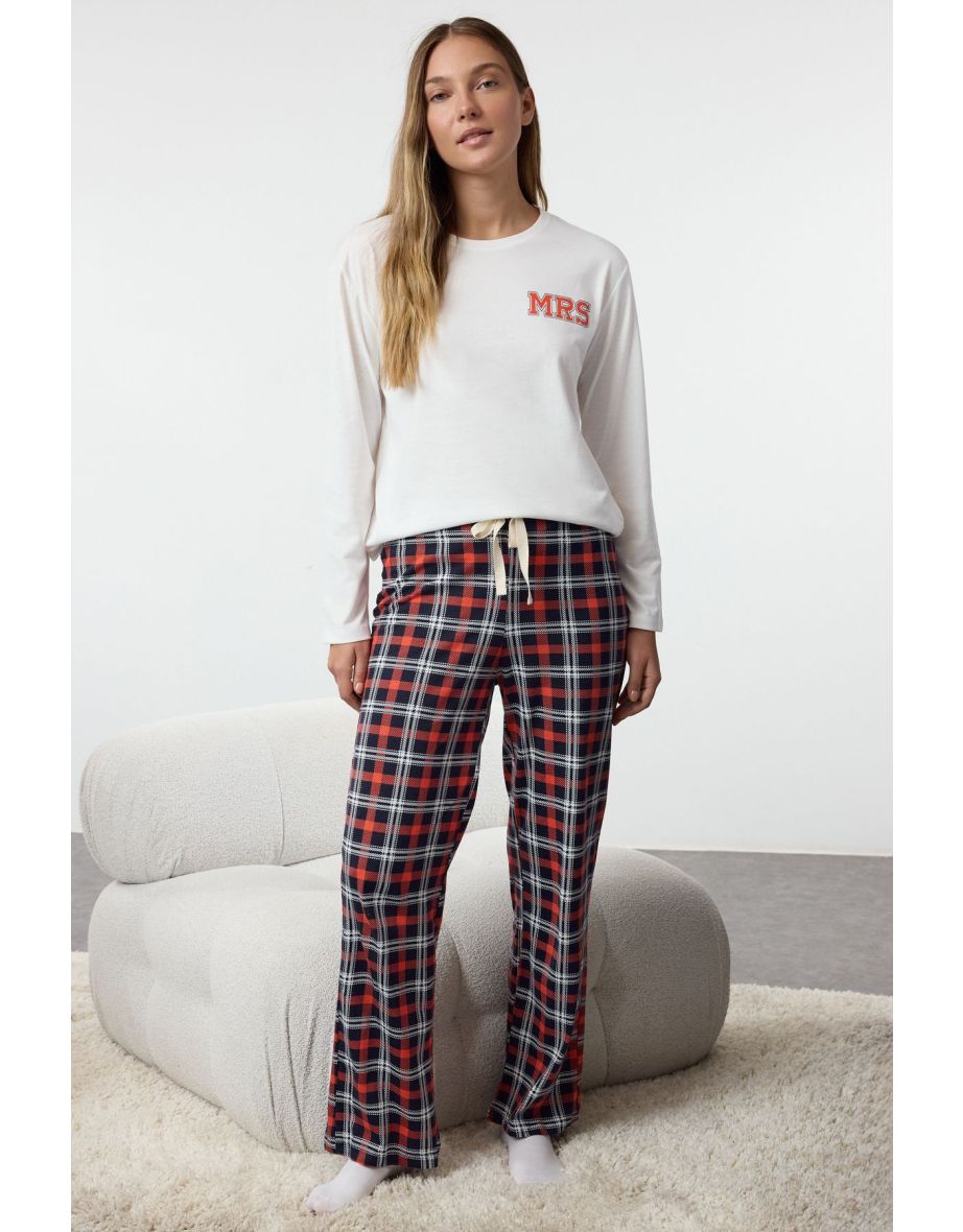 Women's Couple White Plaid / Checkered Single Jersey Knitted Pajama Set