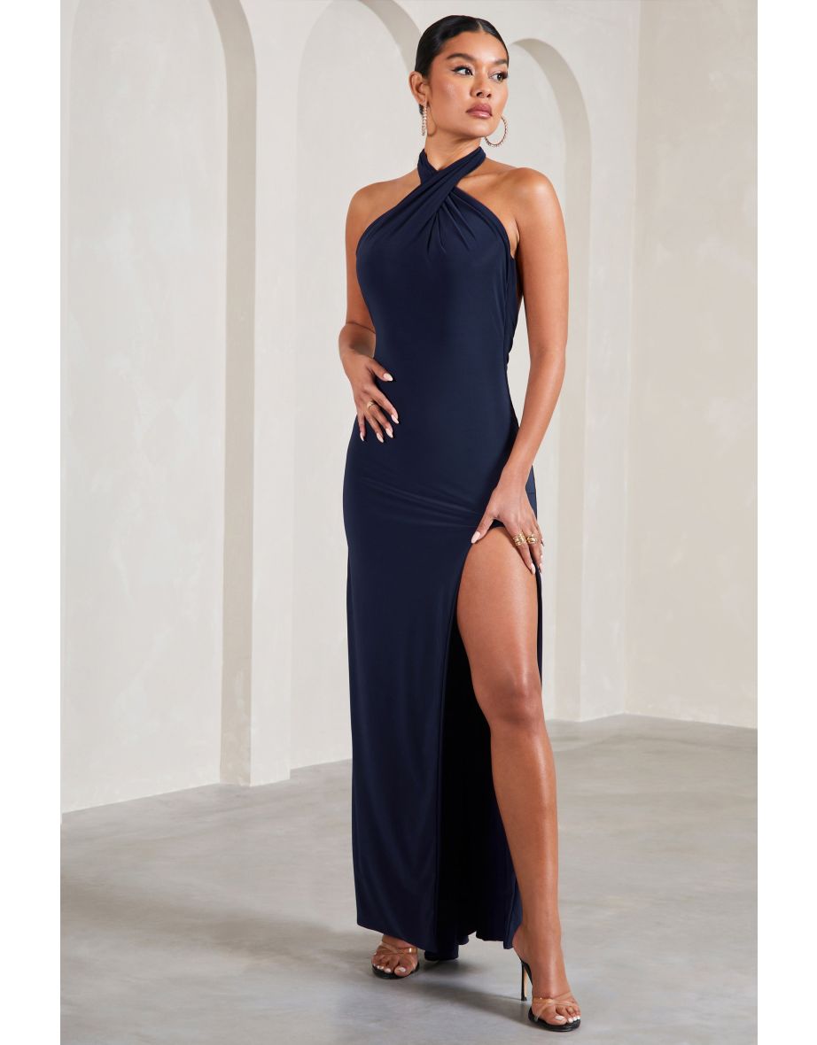 Star Quality | Navy Halter-Neck Open-Back Split Maxi Dress