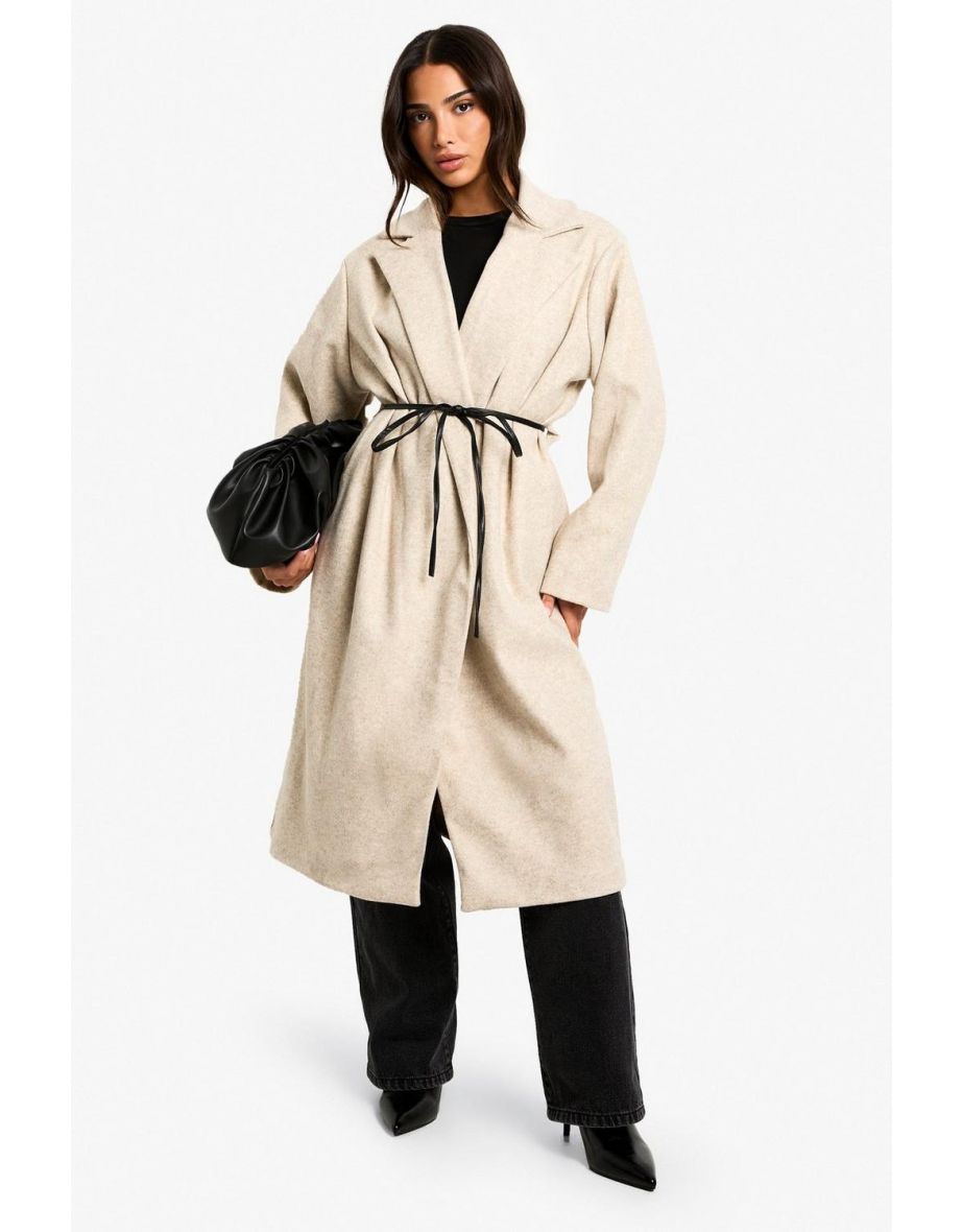 Petite Faux Leather Belt Wool Look Coat - mushroom