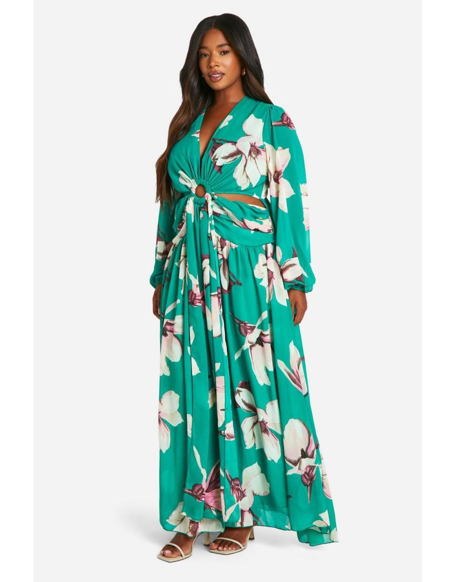 Plus Large  Floral Print Cut Out Maxi Dress