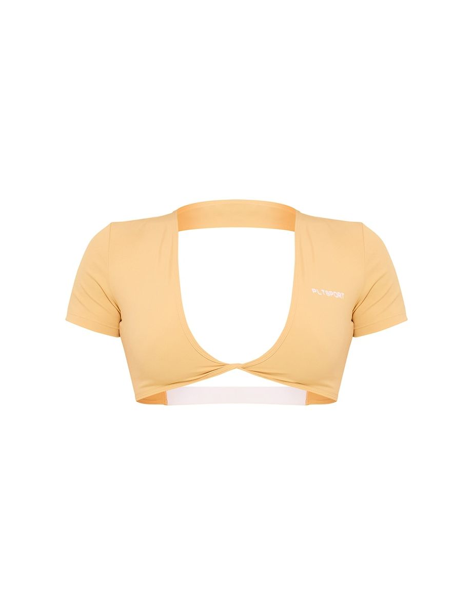 PLT SPORT Peach Sculpt Twist Front Contrast Detail Open Back Crop Top - 4