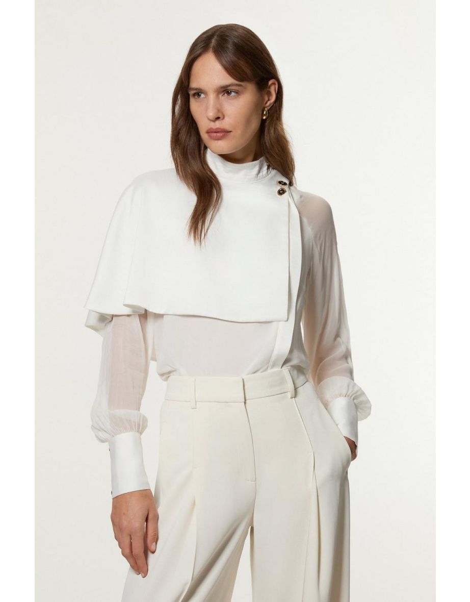 Military Sheer Satin Cape Detail Woven Shirt