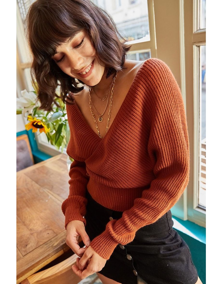 Women's Tile Front Back V Above Waist Crop Knitwear Sweater - 5