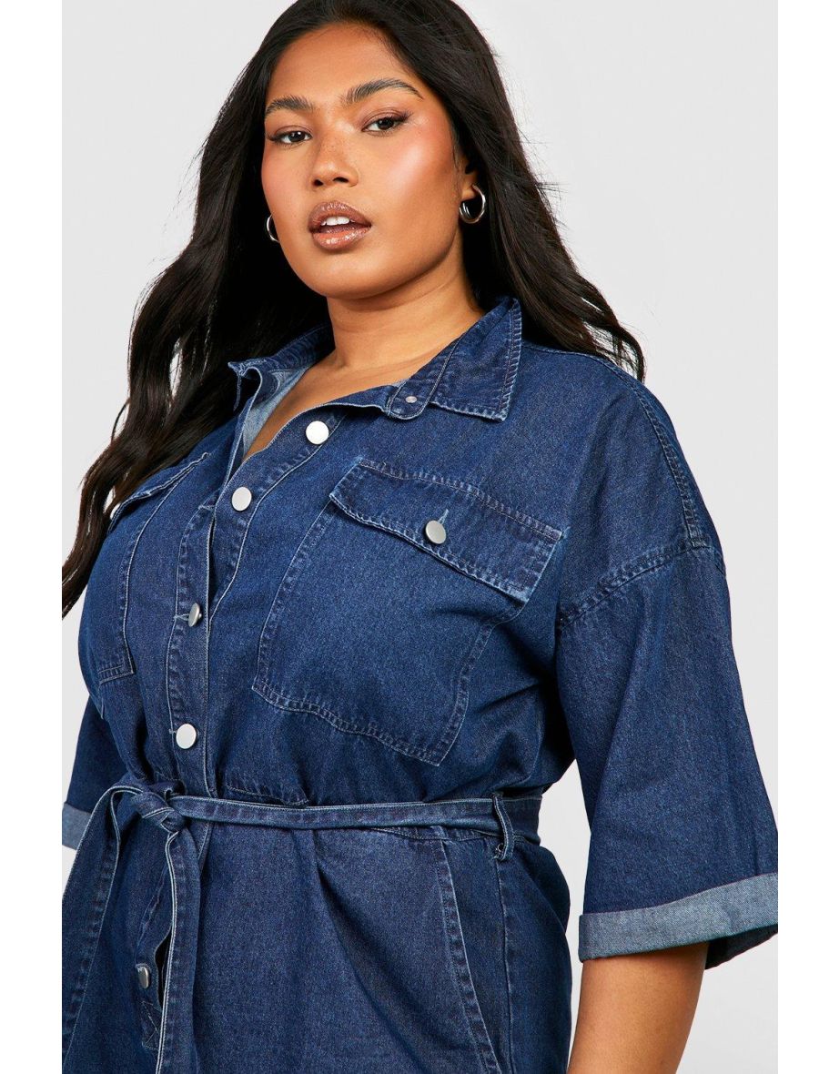 Plus Denim  Short Sleeve Tie Belt Denim Playsuit - acid wash dark blue - 3