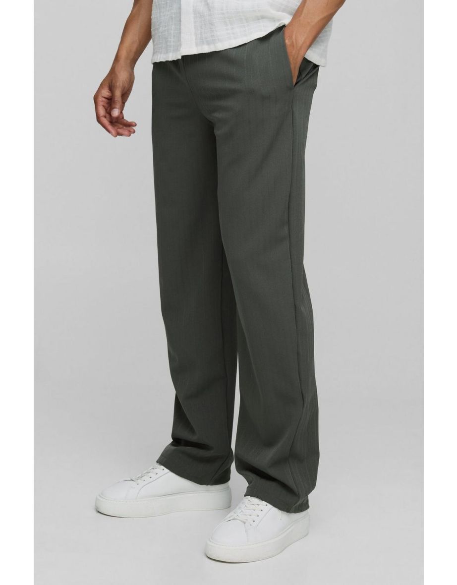 Elasticated Waist Relaxed Fit Textured Smart Trousers - charcoal