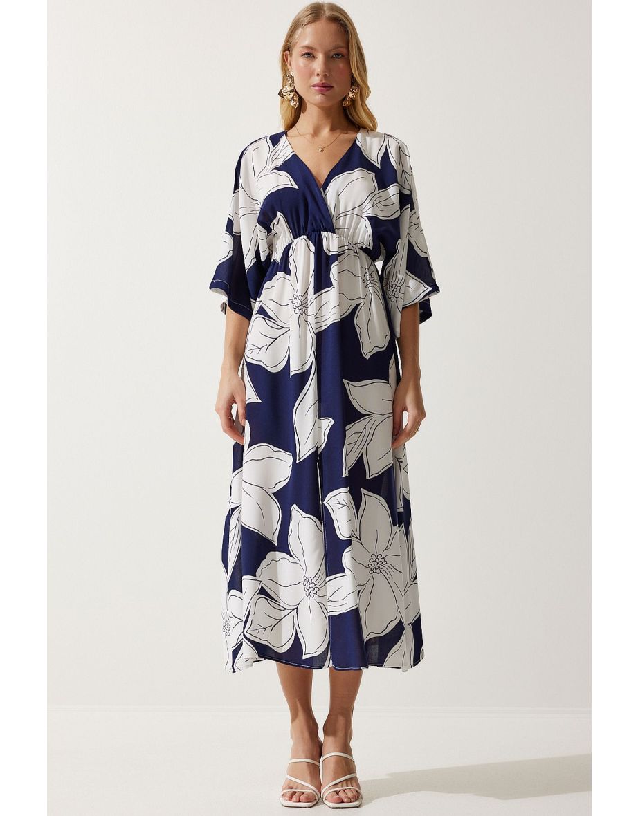 Women's Navy Blue White Wrapover Neck Patterned Summer Viscose Dress