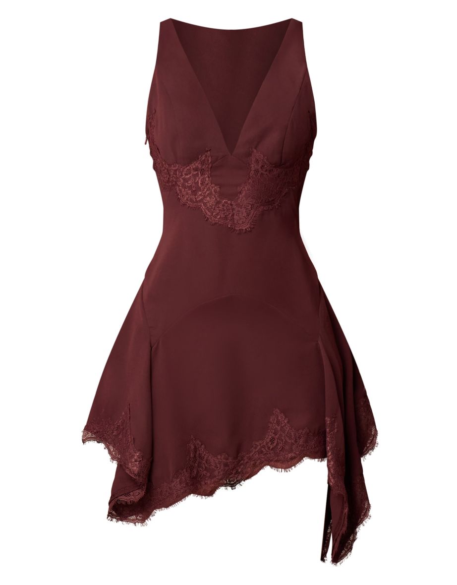 Dark Plum Chiffon Sheer Lace Trim Plunge Bodycon Dress - 4