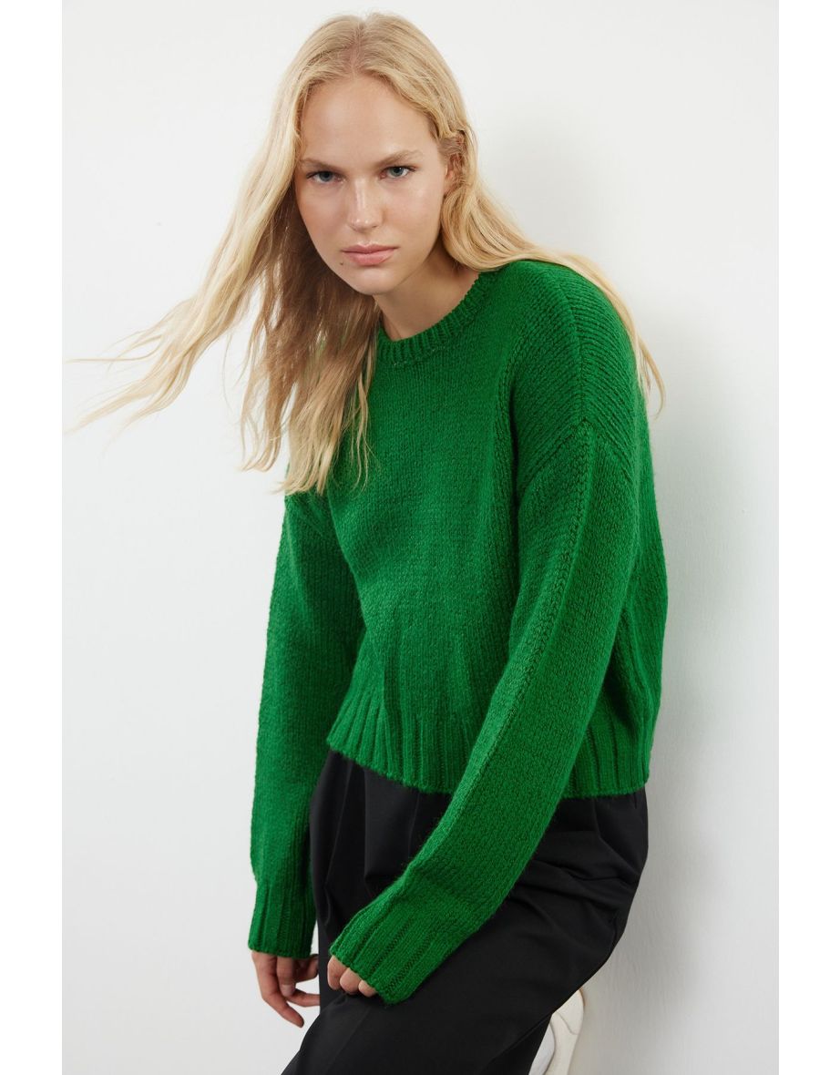Khaki Wide Pattern Basic Boat Neck Knitwear Sweater
