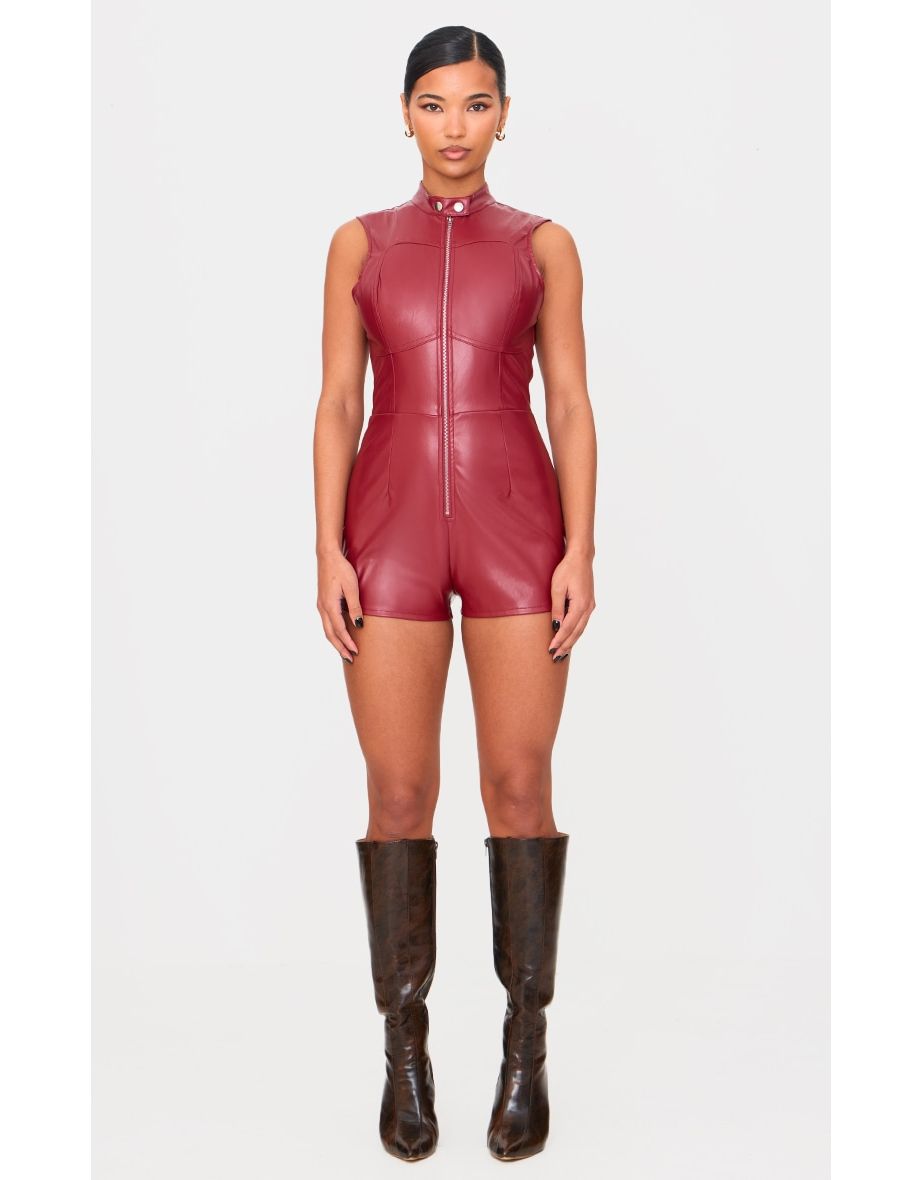 Burgundy Faux Leather Zip Up Sleeveless Playsuit