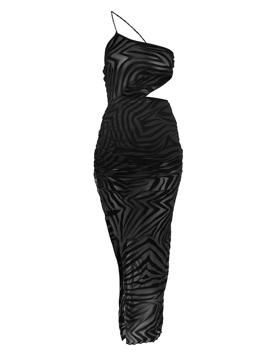 Black Zebra Flocked One Shoulder Cut Out Maxi Dress - 3