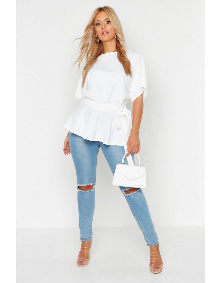 Plus Slash Neck Tie Waist Peplum Hem Top - black - 3